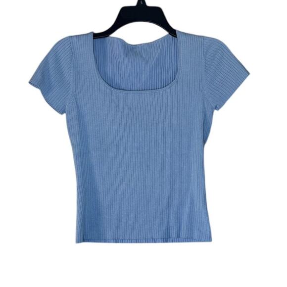 Blue Ribbed Short Sleeve Baby T-shirt Vintage Inspired Stretch Top - Picture 1 of 4